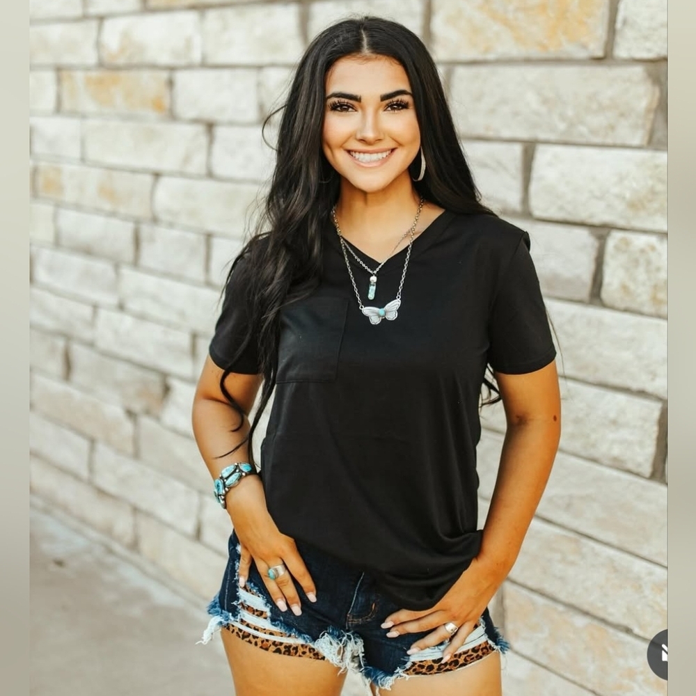 NEW LUCKY AND BLESSED Black Short Sleeve Curved Hem Relaxed Fit Pocket Tee Top